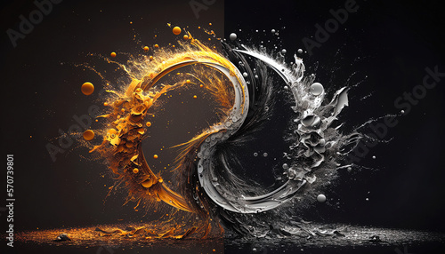 ying and yang wallpaper, abstract gold and silver paint explosion. yin yang. Mixed color. Dark background. 