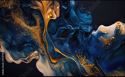 Ink idigo navy blue Gold and blue marbling abstract background - Generative AI