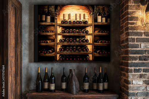 Rustic wine cellar with wooden shelves filled with bottled wine arranged on straw matting, generative ai