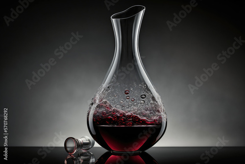 A decanter filled with deep red wine, with drops of condensation running down the side of the glass, against a neutral background, generative ai