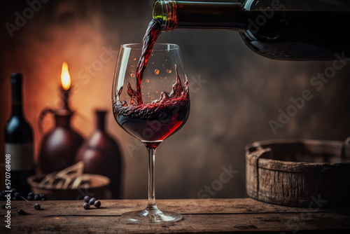A glass of rich red wine being filled to the brim with a slow pour from a bottle, set against a blurred background, generative ai