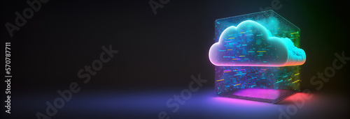 Cloud computing Data Base Technology concept with glowing neon structures on a dark banner. Generative AI illustration