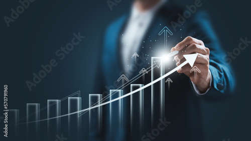 global business growth analysis and asset investment chart Business and Finance Up arrow Holographic economic chart, global economic trend analysis, financial graph analysis on virtual screen.
