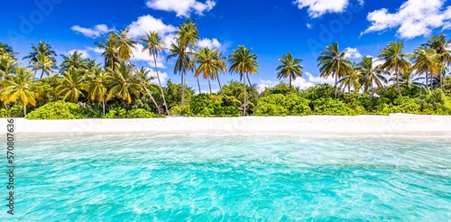 Paradise island beach. Tropical landscape of summer panorama sunny sea sand sky palm trees. Luxury travel vacation destination. Exotic beach landscape. Amazing nature relax tranquil panoramic freedom