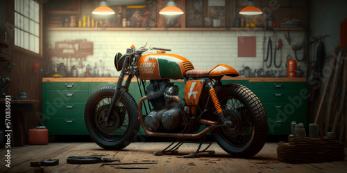custom old school cafe racer motorcycle in a home workshop, generative ai