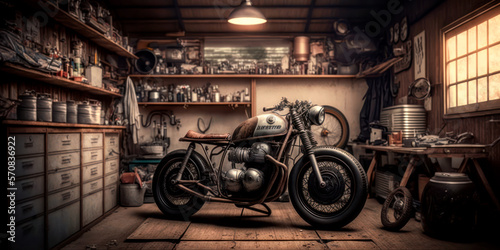 custom old school cafe racer motorcycle in a home workshop, generative ai
