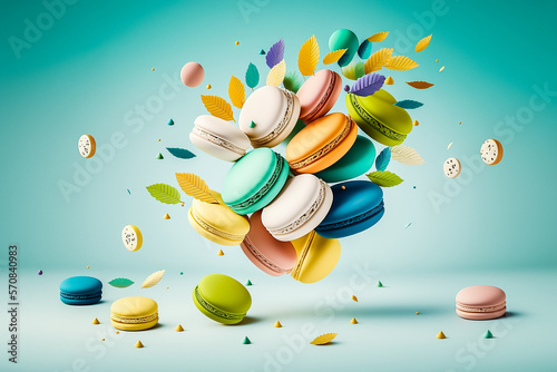 Assortiments de macarons volants et gâteaux colorés, délicieuses gourmandises aux tons pastels - Générative iA