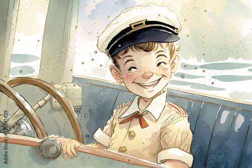Watercolor illustration for a children's book of a sailor cute little boy - AI generative
