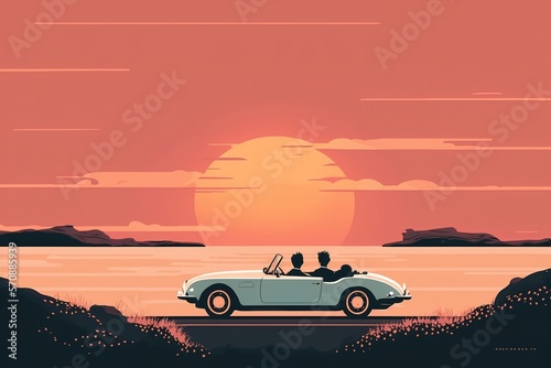 a Valentine's couple in love on vacation, driving into the sunset on the coastline in a convertible, pastel colors