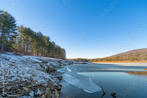 Winter lake landscape calm sunny day during winter season