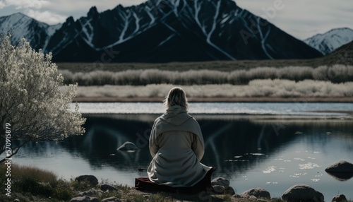 Woman meditating on beautiful landscape from behind generative ai