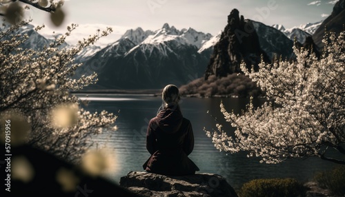 Woman meditating on beautiful landscape from behind generative ai