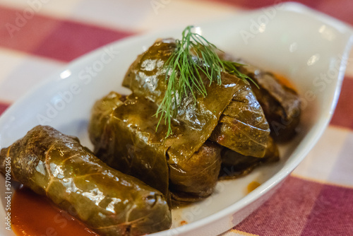 Traditional dolmades - filled grape leaves also called koupepia or dolma in Cyprus island country