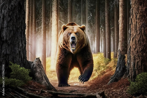 Frightening and terrifying attack by a grizzly brown bear, he runs along the trail and growls with his fangs. Accident in the forest. AI generative