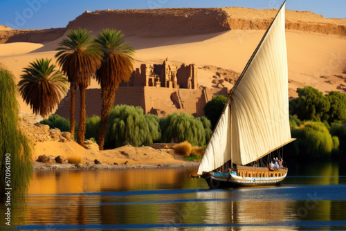 Embark on a thrilling felucca ship adventure down the Nile River, taking in all the sights and sounds of Egypt. From the bustling markets of Cairo to the inspiring temples of Luxor. AI generative