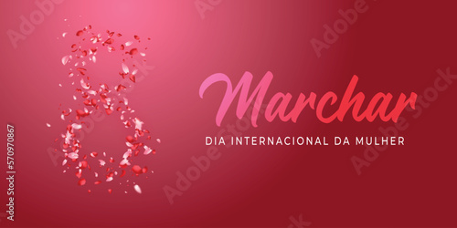 cartão ou banner para o dia internacional da mulher em 8 de março em rosa degradê em fundo rosa também em degradê e o número 8 composto por pétalas de rosa claro e escuro