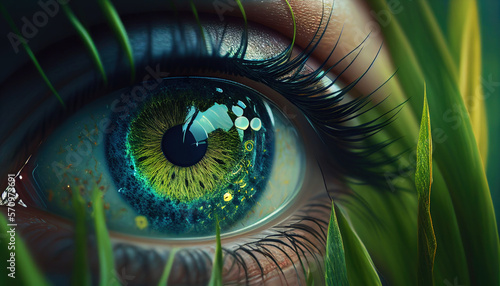 The watchful eye of the natural world, green eyes, surrounded by leaves, ecology background, IA