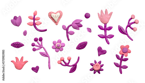 Set various flowers, leaves, herbs and plasticine hearts. Pink and lilac plasticine clay 3D illustration isolated on white background, cute dough shape