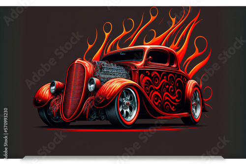 red vintage hot rod with bright ornament on grill and exhaust pipe, generative ai