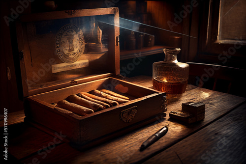 Box of cuban cigars on wooden table, atmospheric light. Generative AI