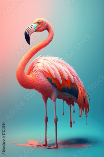 Exotic Pink flamingo bird closeup standing full height on blured background.