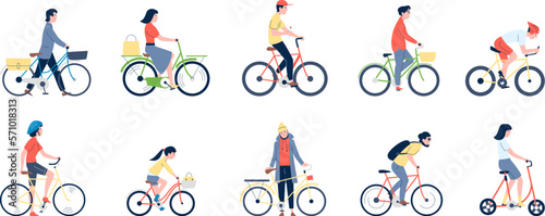 People on bicycle and bike. Different person cycling, flat woman kid riding. Healthy lifestyle, sport and city ride. Modern urban transport recent vector set