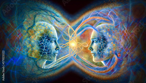 human connection, electromagnetic fields connecting two human beings, standing face to face, interacting.