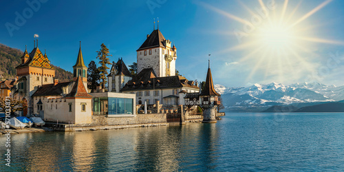 Scenic view of amazing Oberhofen castle of Lake Thun and illuminated by sunlight. Snowcapped mountains and picturesque sky on background, Switzerland