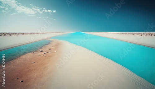  a body of water that is in the middle of a desert area with sand and water in the middle of the water, and a blue sky above the water is a sandy beach. generative ai