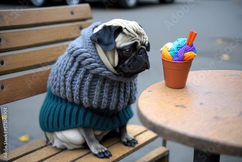 ashamed and embarrassed pug wearing his new knitted sweater
