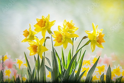  Spring Easter background with beautiful yellow daffodils, watercolor style AI Generated