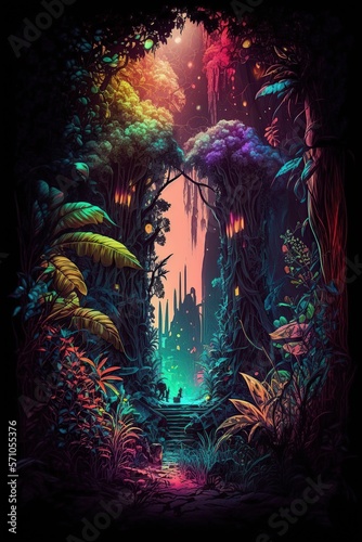 illustration, fantasy world tropical jungle, ai generative