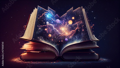 Astrology or astronomy book of the universe - opened old magic book with space, galaxy, planets and stars. 
