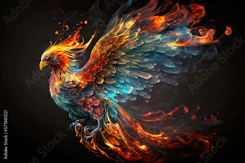 traditional bird in form of mystical firebird phoenix rising from ashes, generative ai