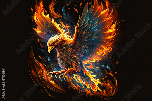burning feathers of phoenix firebird in flames on black background, generative ai