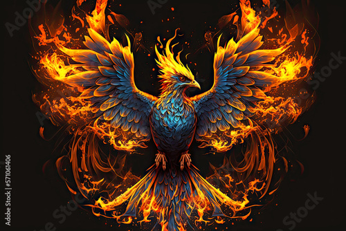 mystical bird in form of fiery phoenix firebird surrounded by flames, generative ai