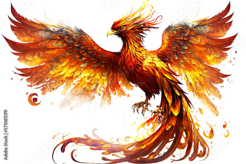 fantastic mystical bird phoenix firebird isolated on white background, generative ai