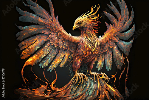 fantastic large bird in form of phoenix firebird spreading its wings, generative ai