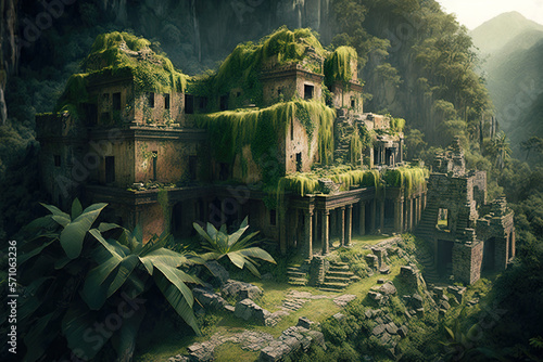 Inca city ruins in mountains, old stone temples and houses in jungle, generative AI