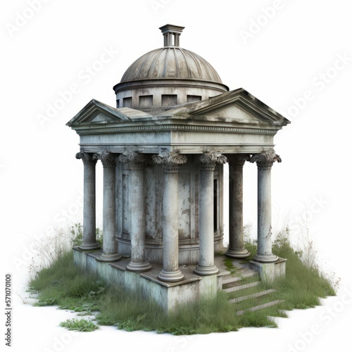 Detailed illustration of an ancient abandoned mausoleum tomb in a forgotten cemetery isolated on a white background, generative ai