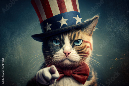 Cat in usa flag hat pointing you like uncle sam, concept of Patriotic and Humor, created with Generative AI technology