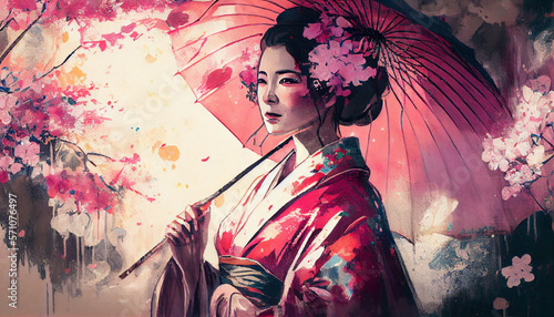 Portrait of a Geisha in kimono with an umbrella. Digital art, Generative AI