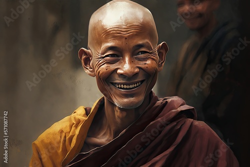 Portrait of a happy Buddhist monk in prayer. Kind man smiling. Asian meditation. AI generated.