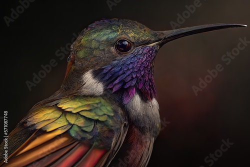 Close-up of a beautiful colorful hummingbird sitting on a branch with flowers. Rainbow plumage feathers.