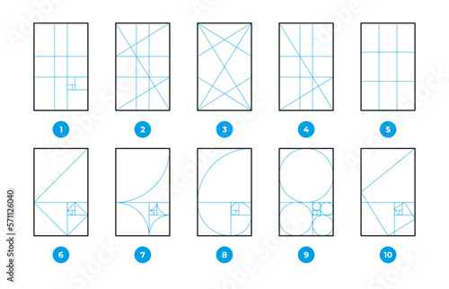 Composition rules. Geometric formula math science diagrams, golden ratio and rule of thirds, fibonacci sequence 1. 618 proportions, fractal geometry. Vector set. Perfect and precise measurement