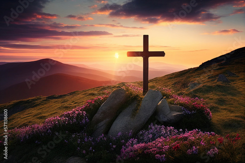 Religious cross on hilltop with beautiful sunset. Conceptual Christian art