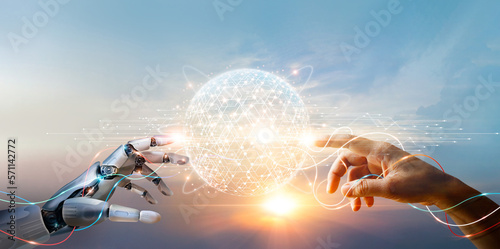 AI, Machine learning, Hands of robot and human touching big data of Global network connection, Internet and digital technology, Science and artificial intelligence digital technologies of futuristic.