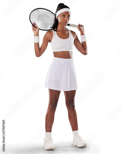 A fit tennis player or sports athlete training for a game. Motivation, fitness and a focus on health, exercise and wellness. A healthy African girl standing with a racket isolated on a png background.