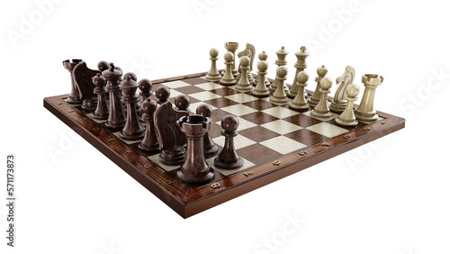 Chess board with wooden chess pieces isolated on white background. 3D illustration