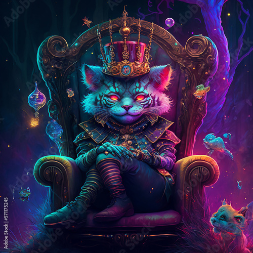 cyberpunk style colorful baby king with diamond crown cheshire cat